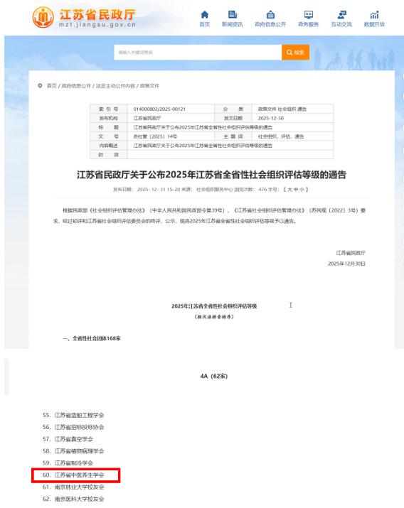 特大喜讯！江苏省中医养生学会荣获4A级社会组织称号！